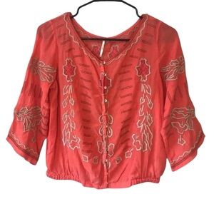 Free People Size XS Boho Gypsy Button Blouse Coral Tan Embroidered